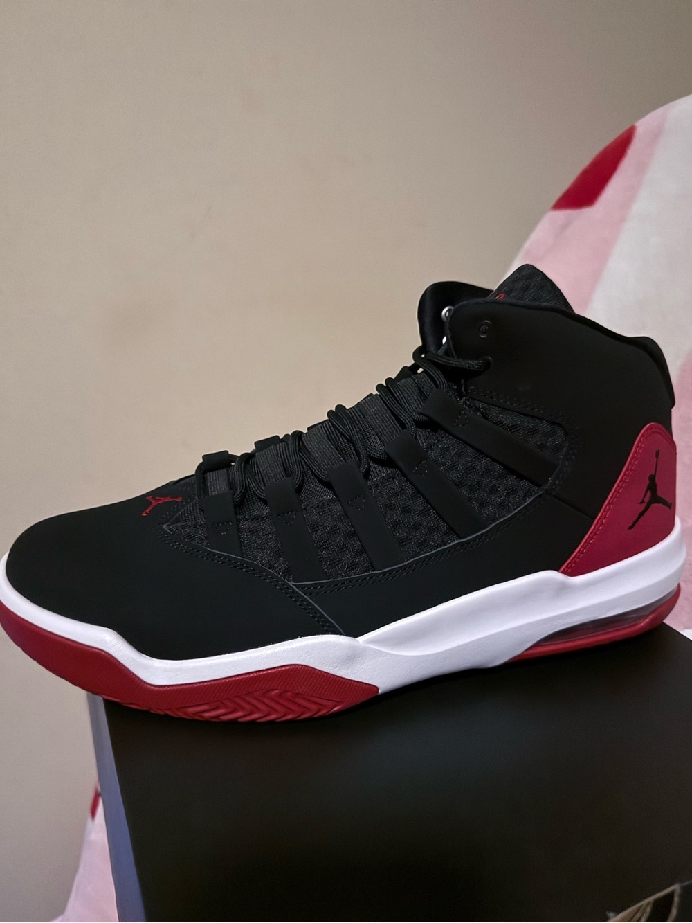 New in Box Jordan Max Aura Black and Gym Red Sneakers, Size 12